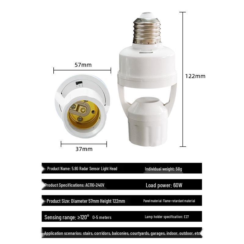 

Регулируемый умный светодиодный инфракрасный радарный патрон для ламп для лестниц и коридоров, тип цоколя E27, с индукцией человеческого тела.