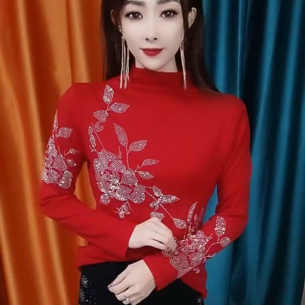

Korean Style Plus Size Slimming Half-High Collar Shirt - Autumn/Winter Fashion Top M ярко-красный