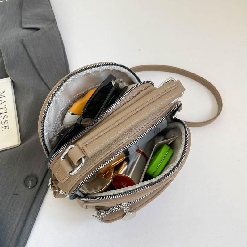 Women Mini Round Leather Handbag Multi Zipper Pockets Top Handle Crossbody Bag Adjustable Strap for Daily Use Ladies' Holiday Gifts