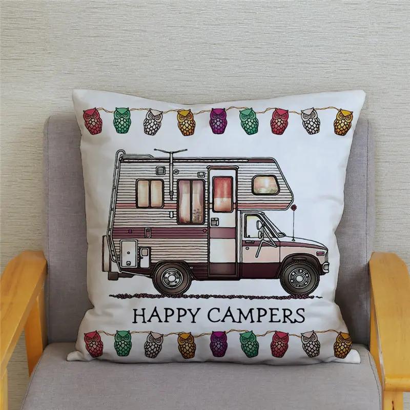 45X45Cm Happy Campers Owl Motorhome Print Pillow Case Soft Polyester Sofa Car Seat/Back Cushion Cover For Home Decor Pillowcases