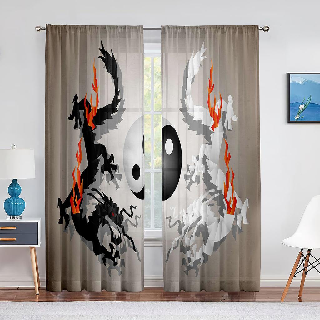 Oriental Themed Dragon with Yin Yang Curtains for Living Room Home Decor Modern Kitchen Bedroom Window Cortinas 2pcs Rod Pocket