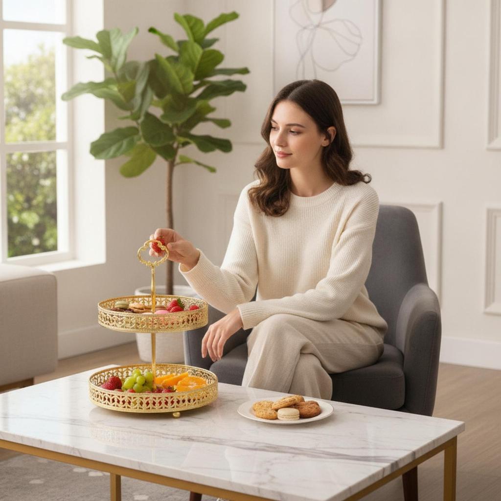 Double Layer Fruit Tray Colored 2 Tier Decorative Leaf Pattern Dessert Stand for