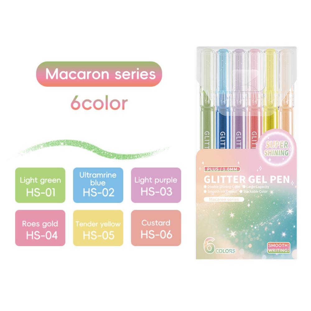 6Color Glitter Effects Gel Pens 1.0mm Writing Pens Set Colorful Art Markers DIY Journaling Pen Painting Graffiti Highlighter Pen