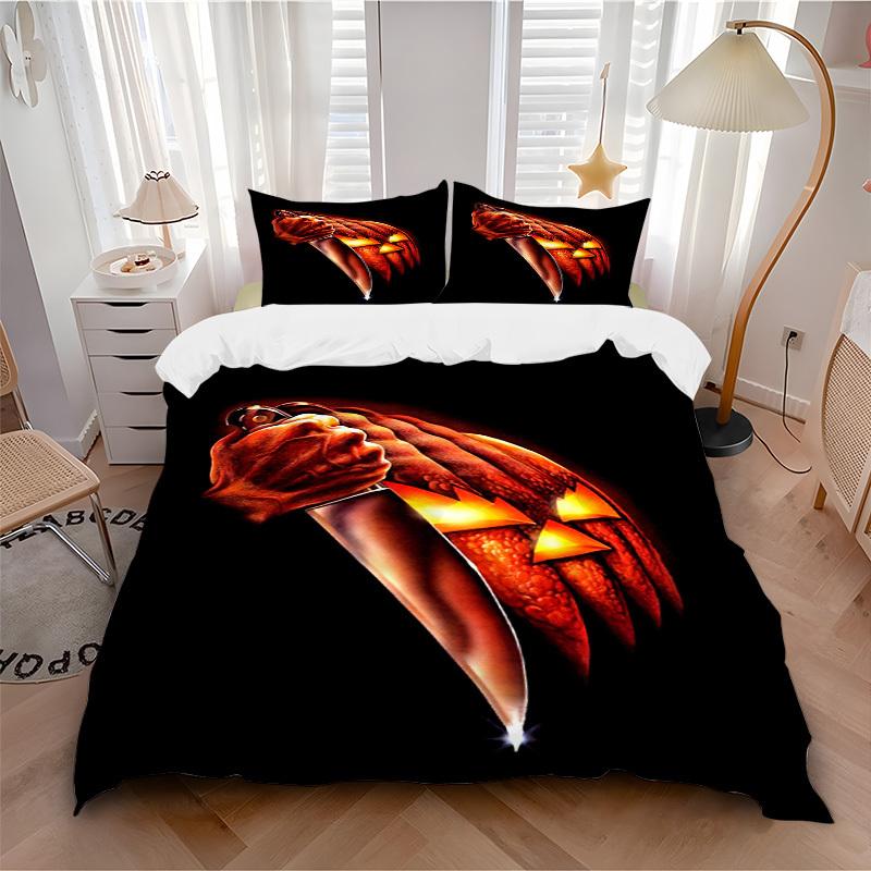 Pumpkin Carving Halloween Horror Bedding Set  Comforter Cover Gift for Bedroom,Includes 1 Cover and 2 Pillowcases, No InsertB256