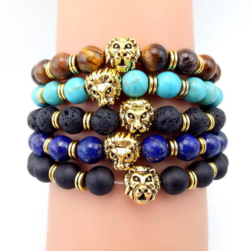 Fashionable Agate & Lava Stone Bracelet with Lion Head & Buddha Beads бирюзовый