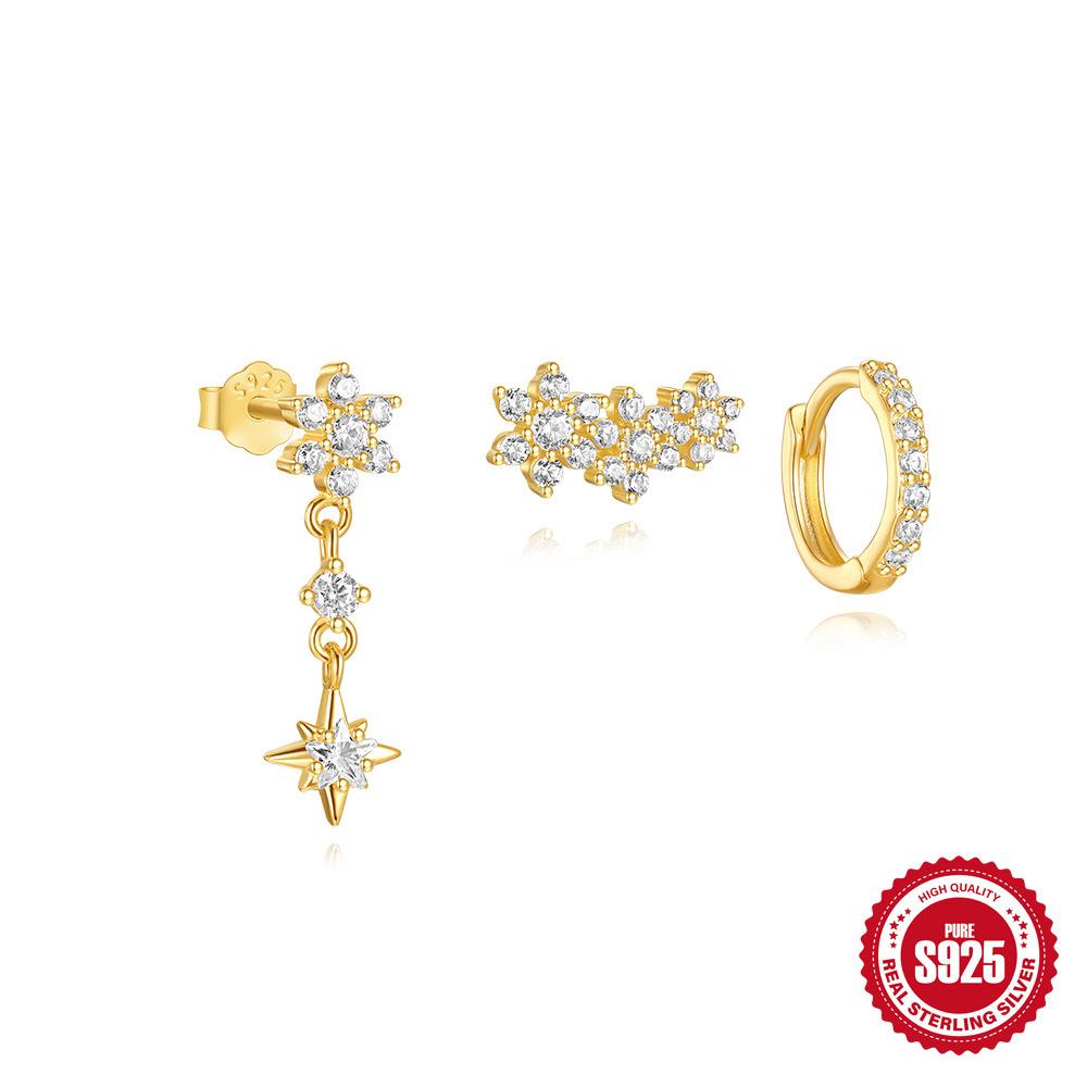 Einfacher Wind S925 Sterlingsilber Pferdeauge kombiniert mit Wassertropfen Zirkon Spleißen Schmetterling Stern Ohrringe Dreiteiliges Set