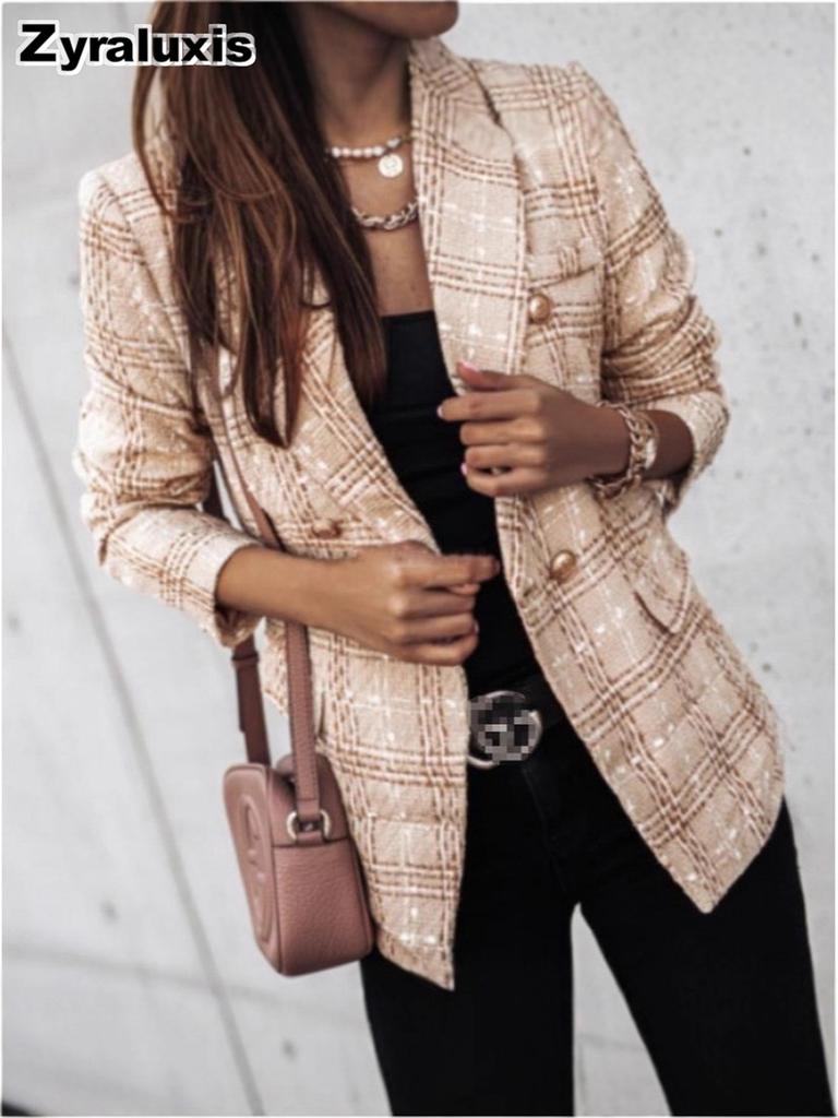 Autumn Winter Long Sleeve Double Button Lapel Printed Coat for Women