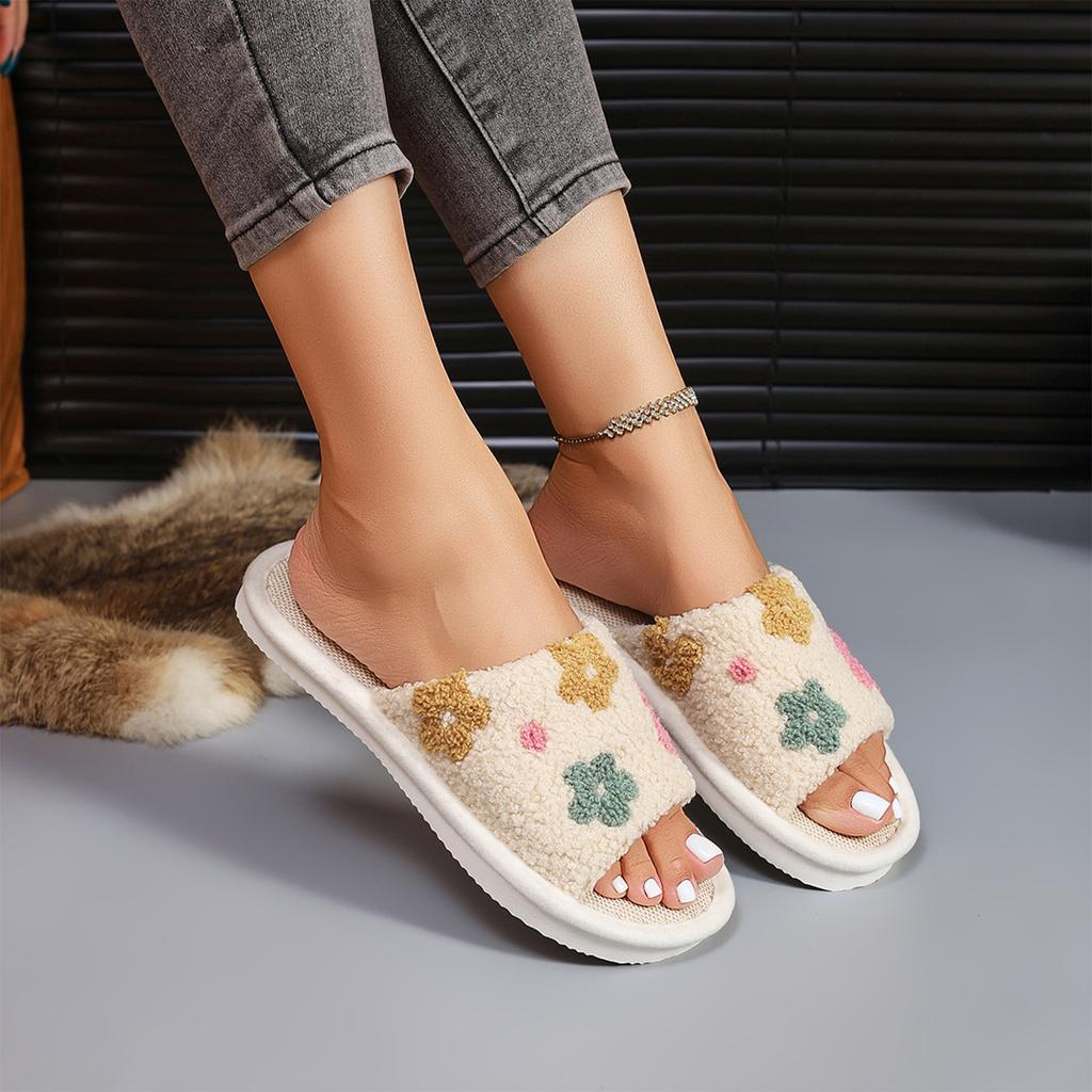 Women's Fashion Open Toe Cotton Slippers with Small Flower for Winter Home and Casual Wear