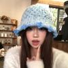 Handwoven blue flower bucket hat women's autumn and winter sweet versatile atmosphere knitted hat warm wool hat