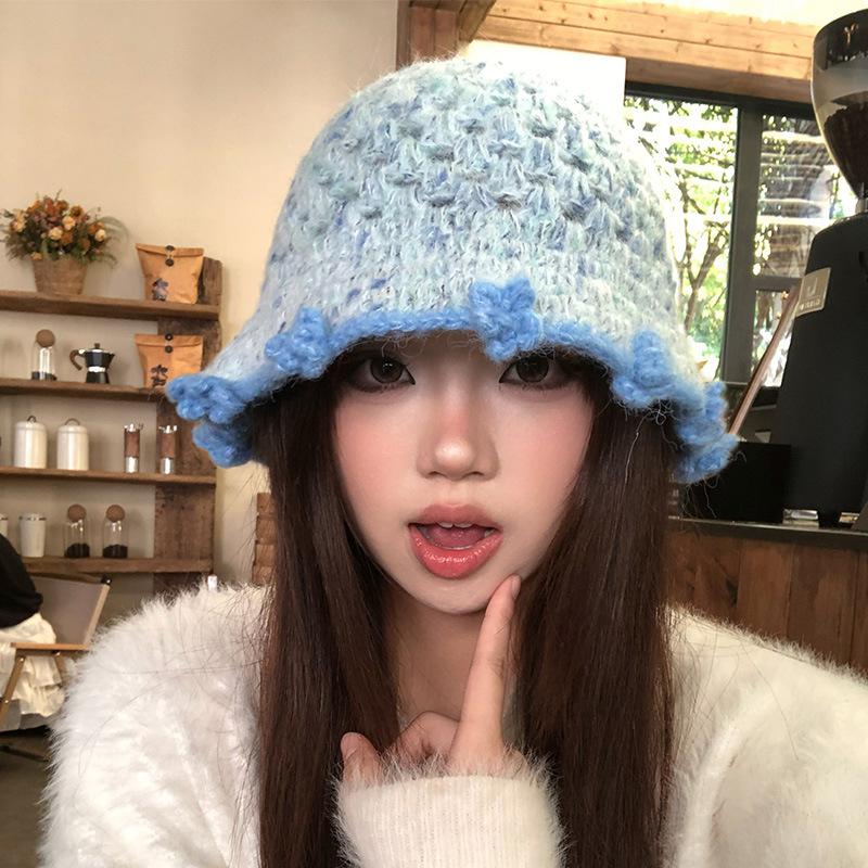 Handwoven blue flower bucket hat women's autumn and winter sweet versatile atmosphere knitted hat warm wool hat