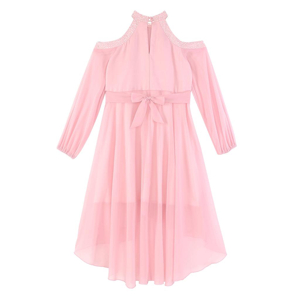 Children‘s High Waist Ruffled Dress Halter Off Shoulder Long Sleeve Irregular Hem Fake Diamond Embellished for Prom Wedding Party