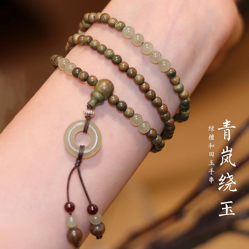 

Natural Hetian jade and green sandalwood multi-loop stacked bracelet for women, Chinese style half-mountain half-water bracelet, gift for girlfriend Bead Diameter6mm