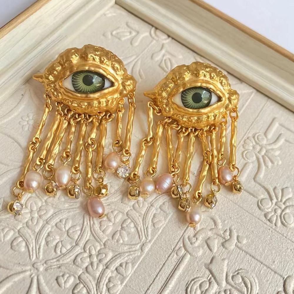 French Retro Unique Personality Exaggerated Eyes And Earrings Pearl Rhinestone Tassel Earrings Women's Jewelry Party Accessories
