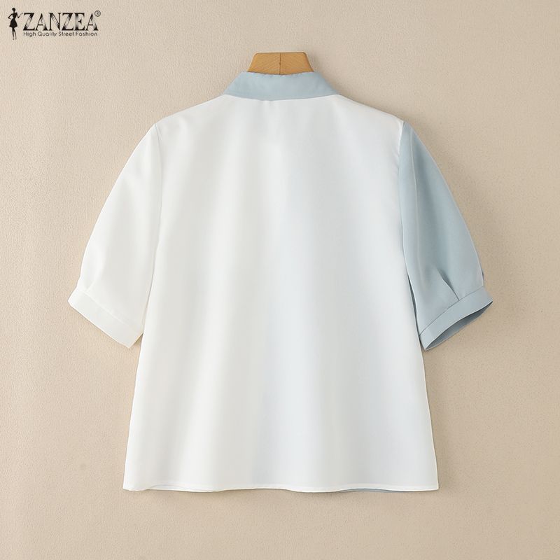 ZANZEA Women Turn Down Collar Summer Half Sleeve Patchwork Blouse