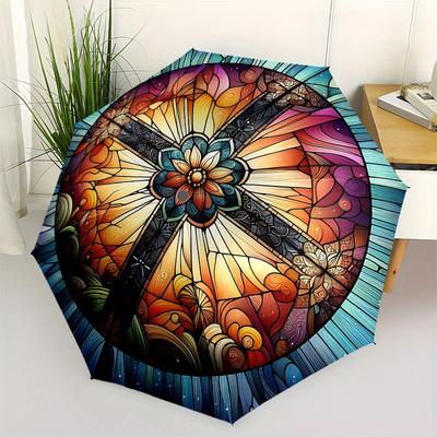 Stained Window Art: Vibrant Circular Design for Home DecorUmbrella, Portable 3-Fold Compact Umbrella for Men & Women Gift
