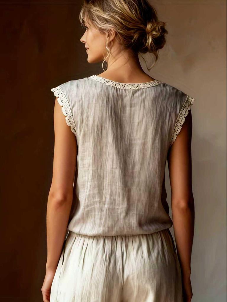 2026 New Women's Retro Loose Sleeveless Linen Shirt with Lace Patchwork