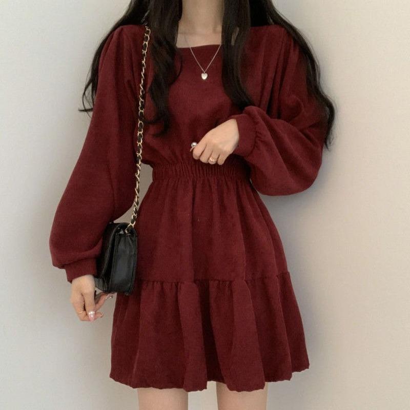 Buy Women Dresses Long Sleeve Gothic Solid Square Collar A-Line Sweet  Vintage Design High Waist Mini Dress Korean Style Fashion Clothes at  affordable prices  free shipping, real reviews with photos