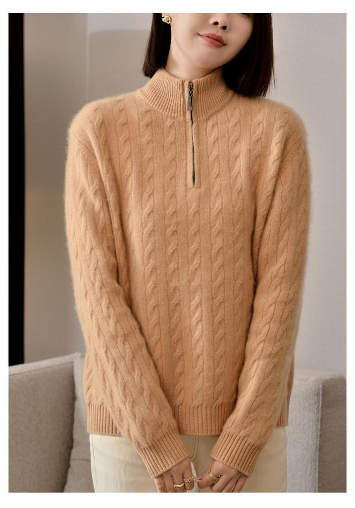 2024 Autumn/Winter Women's Thick Half-Zip Stand Collar Cable Knit Wool Sweater