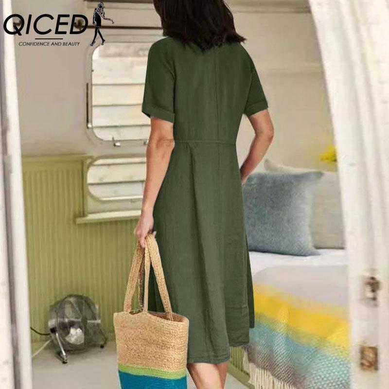 QICED Women's Fashion Summer Spring Solid Color Print V-Neck High Waist Casual Dresses