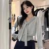 Autumn and Winter New Korean Version Loose Blue Striped Streamer Navy Neck Knitted Sweater Lazy Woman