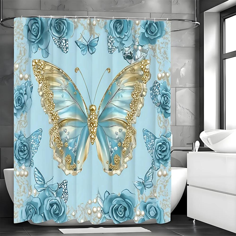 Blue Butterfly Rose Gold Shower Curtain, Bathroom Decorative Shower Curtain, Waterproof Shower Curtain with Hooks W90xH180cm