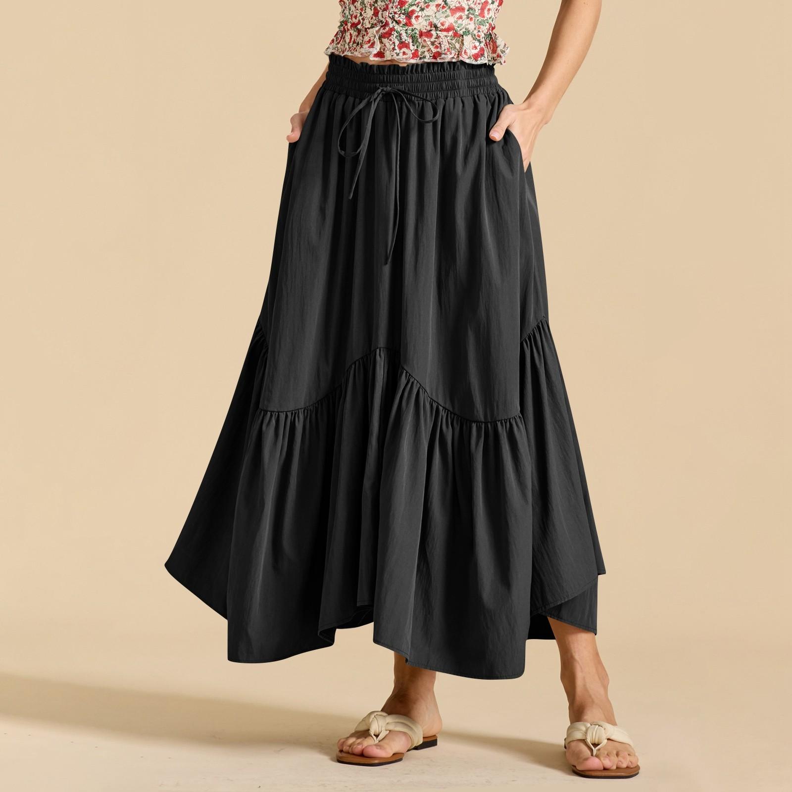 

Жіноча мода Однотонна Спідниця з високою талією на кулісці з еластичною талією, Велика спідниця-кльош, Кишеня, Ретро Спідниця довжини міді S чорний