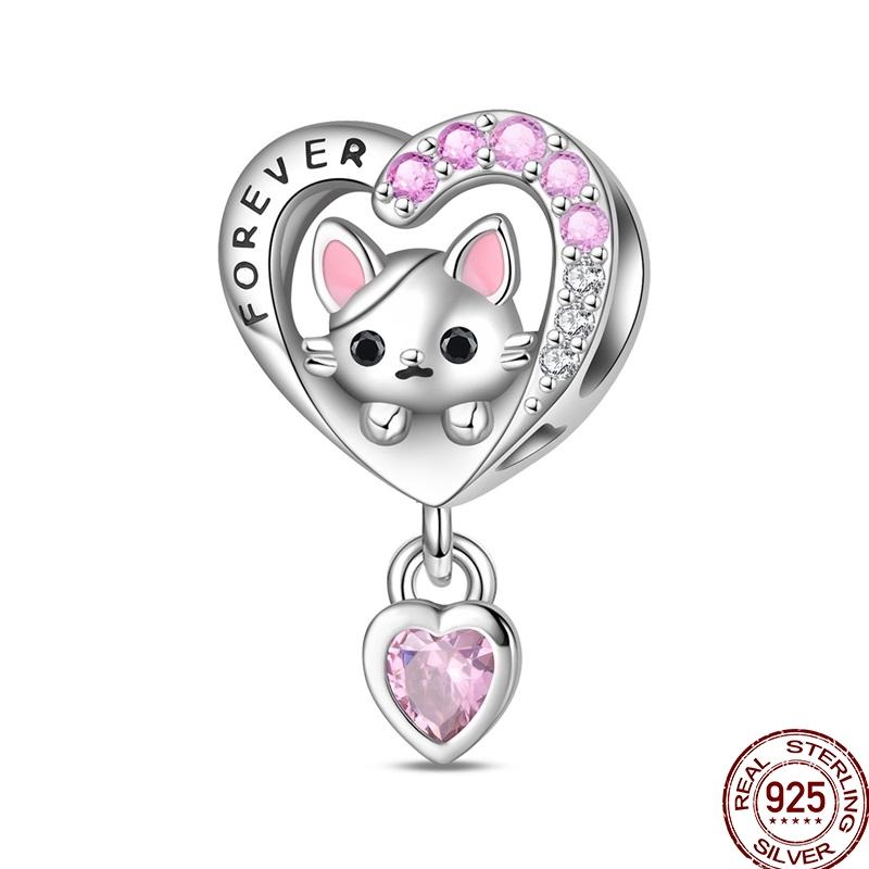 100%Stering Copper Cute Pet Charms Beads Dog Cat Moon Pendant Fit Original 3Mm Bracelet Diy For Women Jewelry