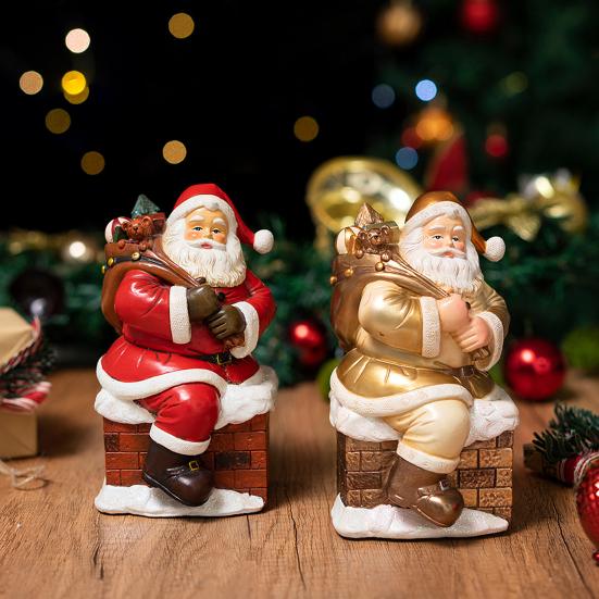 Santa Claus Figurine Small Resin Santa Sculpture with Gift Bag/Wish List for Mantle Bookshelf Tabletop New Year Party Decoration