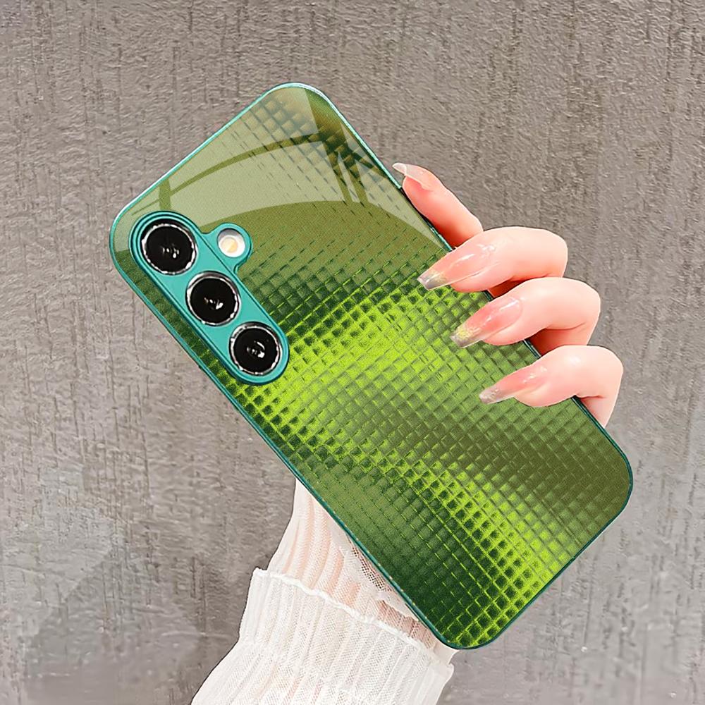 Grid-structured crystal Glass PhoneCase for Samsung Galaxy S26 S25 S24 S23 S22 S21 FE Ultra Plus Built-in glass green Exquisite