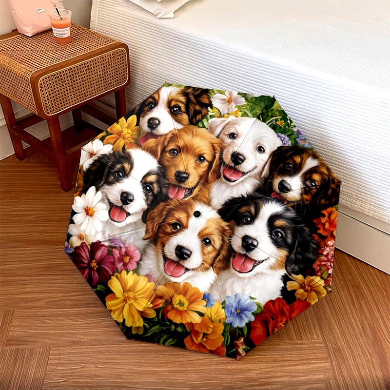 

1 PC Automatic Folding Umbrella - Puppies in Flowers Pattern, Portable & Foldable Design with 8 Ribs, Christmas Birthday Gifts