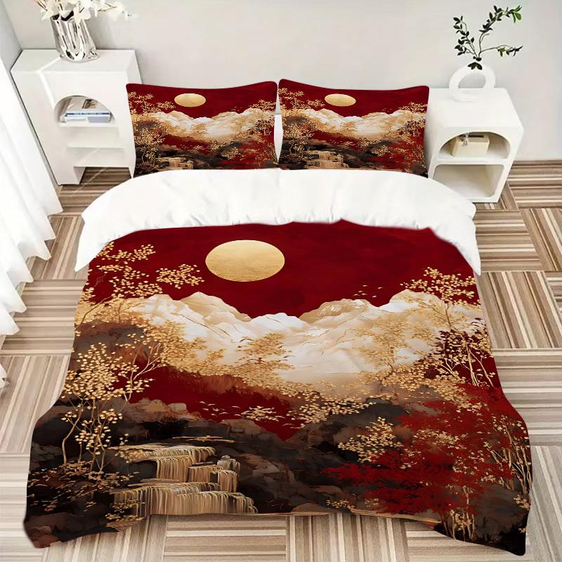 3pcs Chinese Style Landscape Bedding Set, Includes 1 Comforter + 2 Pillowcases, Without Pillow Inserts, Soft Comfortable, Lightweight Breath