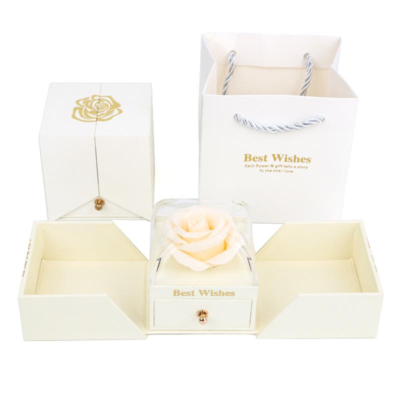 Jewelry Packaging Box Double Open Gatefold Rose Flower Gift Box with Drawer Custom Logo Velvet Ring Earring Necklace Case