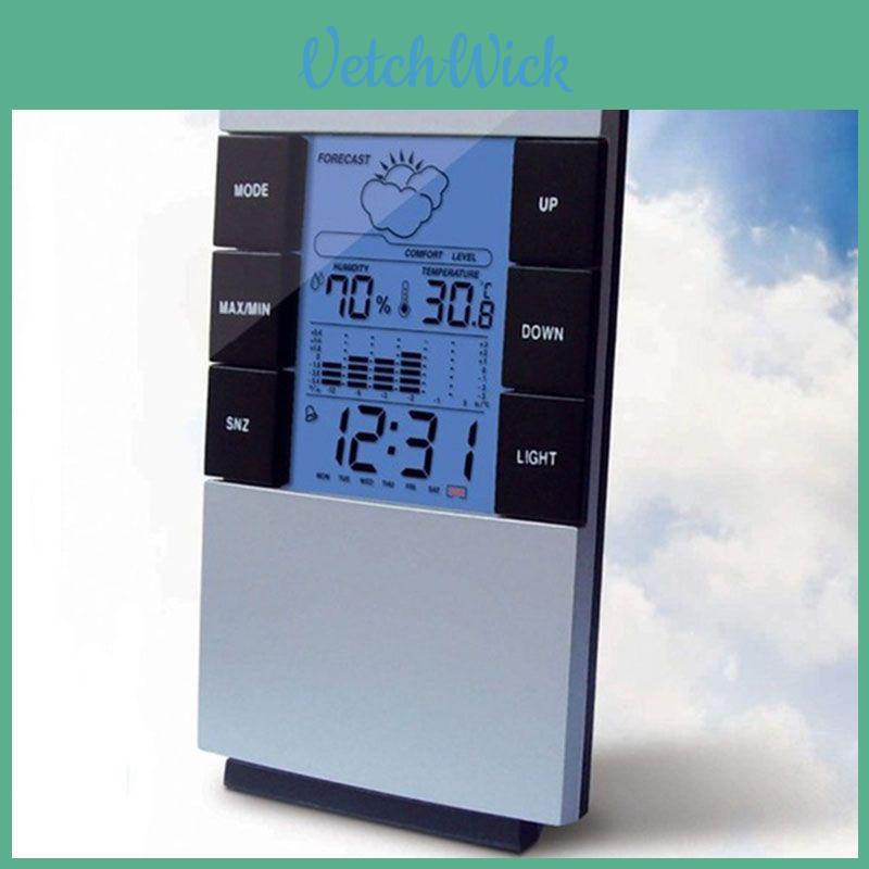 Igrometro Termometro Digitale LCD Misuratore di Umidità Previsioni Meteo Orologio Sveglia Con Calibrazione Automatica e Display Retroilluminato Blu