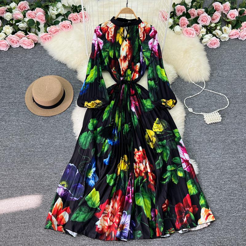 

YYFS Женская мода весна осень цветочный узор принт длинный рукав О-образный вырез высокая талия повседневные платья One size