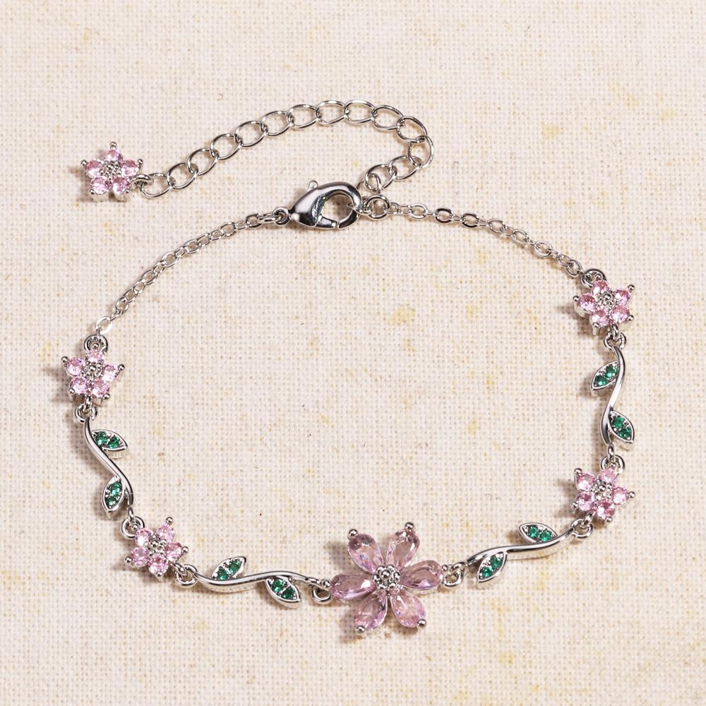 Adjustable Elegant Crystal Flowers Bracelet For Women Y2K Sweet Girls Pink Zircon Bracelets Luxury Designer Jewelry Gift