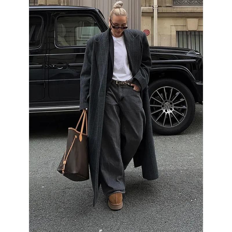 Elegant Lapel Striped Oversize Overcoat Women Casual Full Sleeve Long Coat Autumn Winter Lady Commuting High Street Outerwear