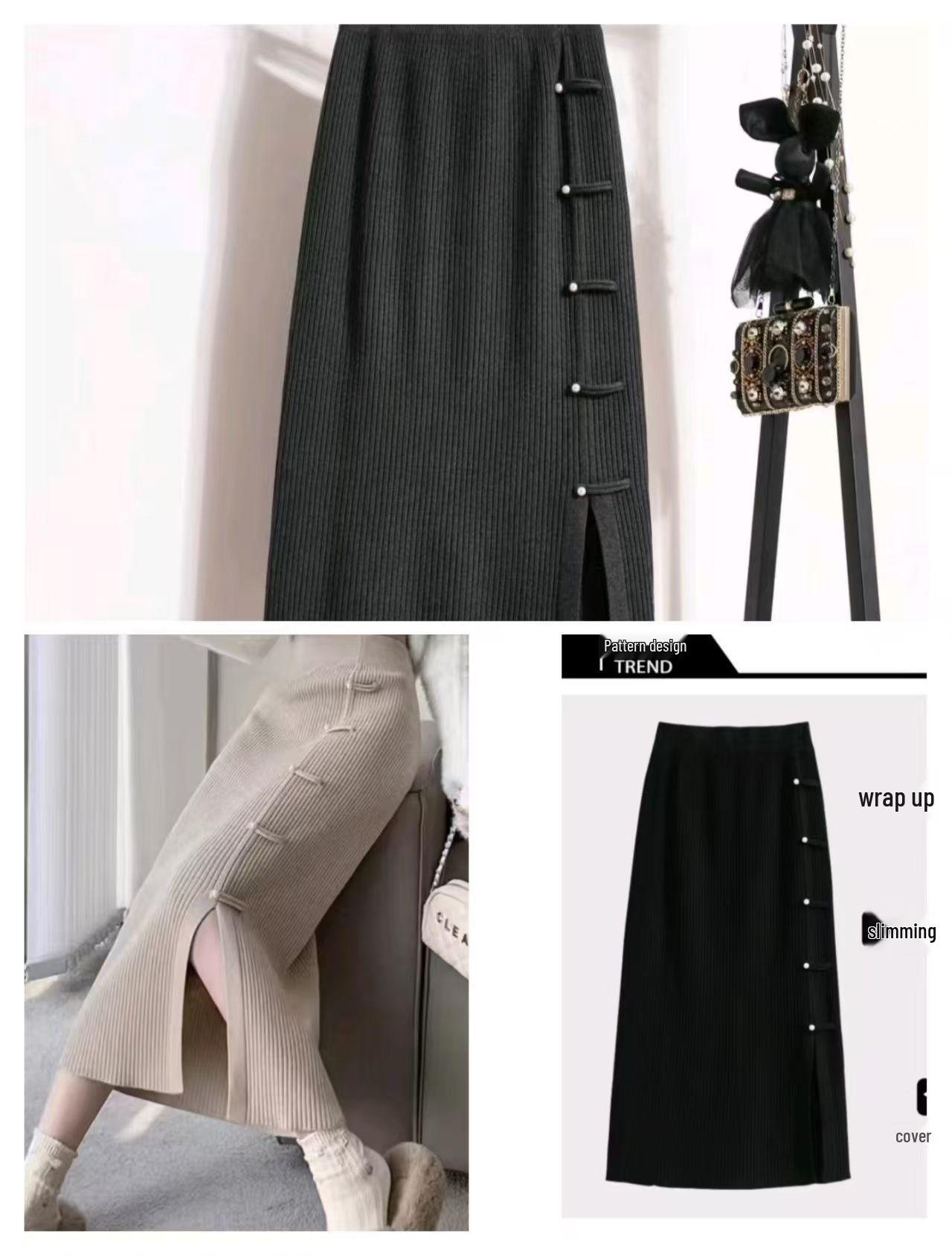 

2025 Spring/Autumn Knitted A-line Midi Skirt with Retro Frog Button Slit - Trendy Women s Fashion One Size темно-сірий