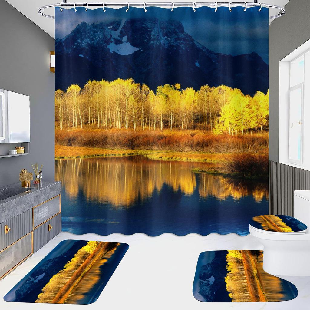 High Definition Digital Printing Shower Curtain Four-Piece Set Of Non-Punching Bathroom Bathroom Bathroom Partition Curtain Landscape