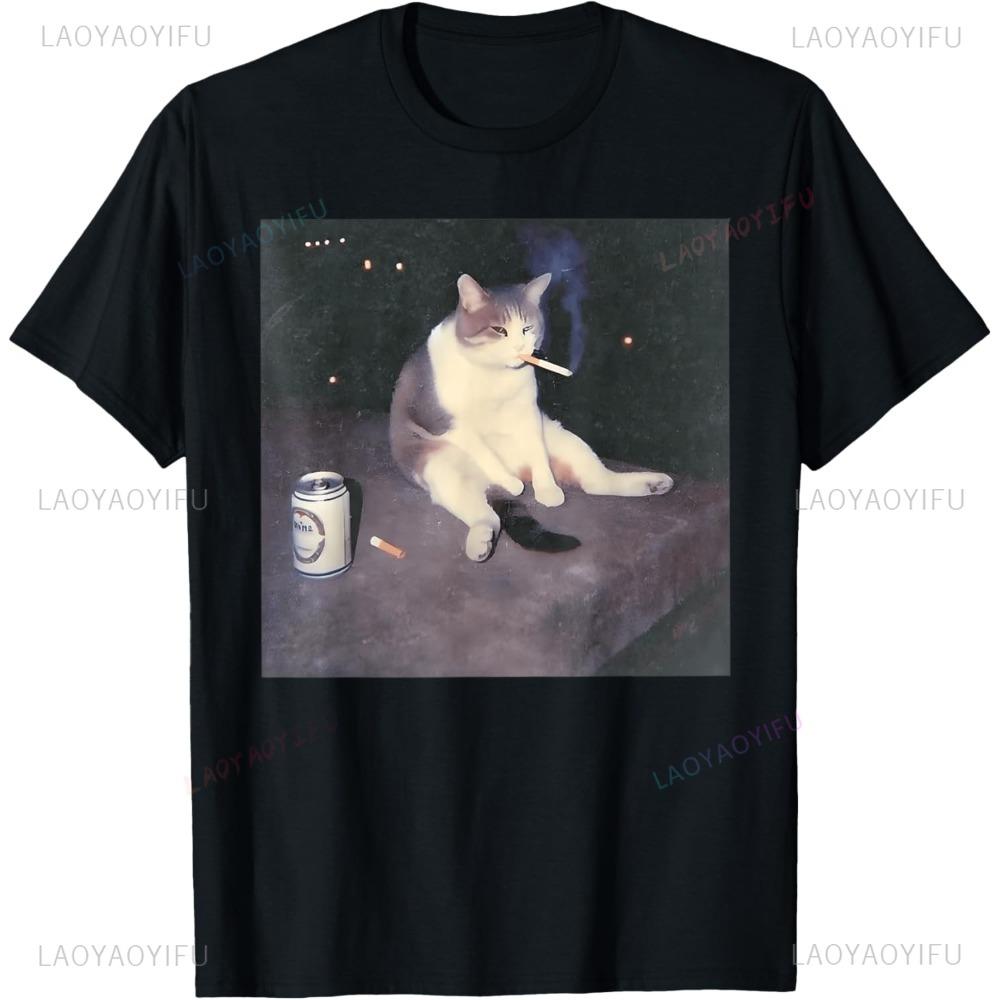 Smoking Cat with Beer Can Graphic T-shirt XXXL