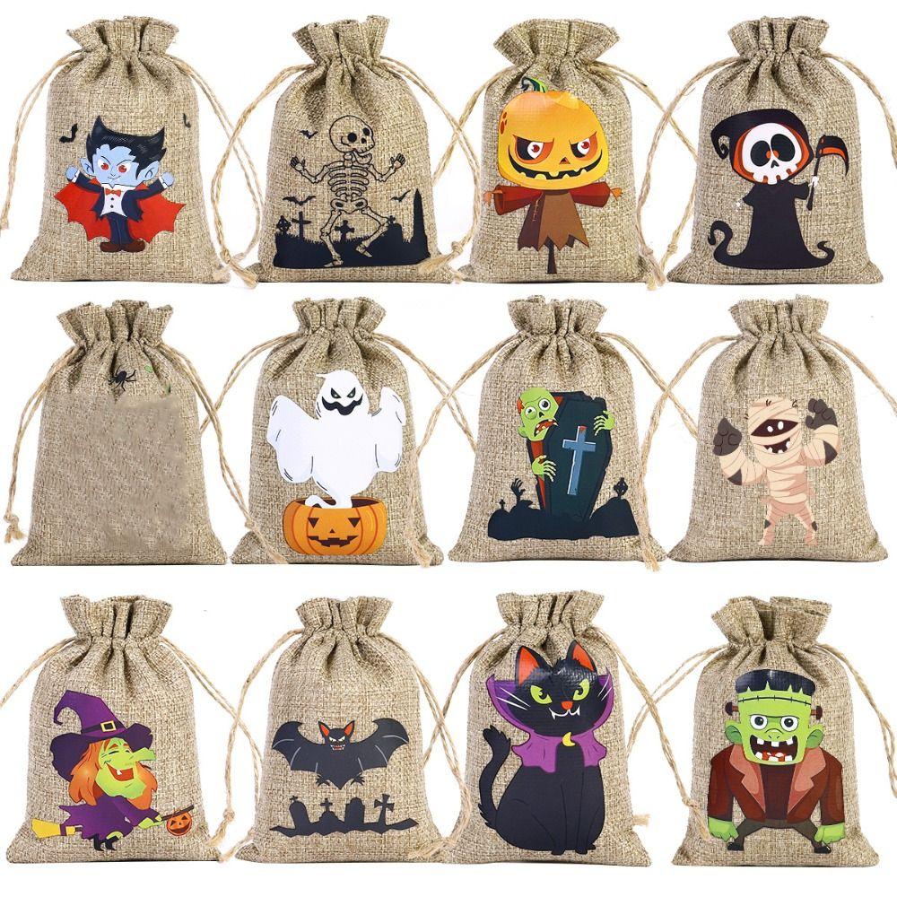 2PCS 10*15cm Halloween Gift Bag Cartoon Pattern Linen Candy Cookies Bag Festival Supplies Packaging Drawstring Bundle Bag