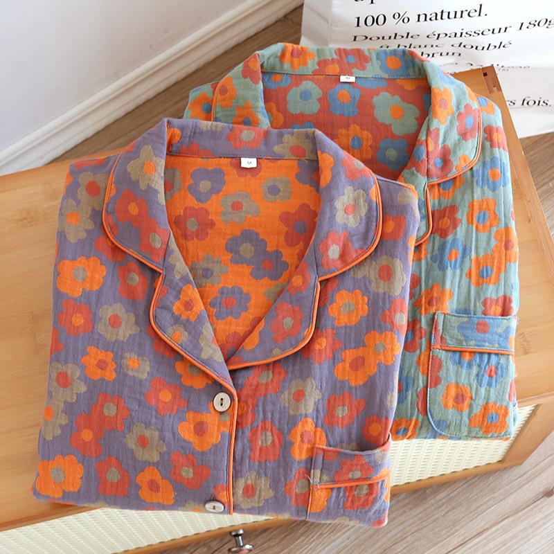 Nové jarní a letní dámské noční košile, 100% bavlněné šaty s dlouhým rukávem a květinovým vzorem, velké domácí šaty, retro šaty s dlouhým rukávem