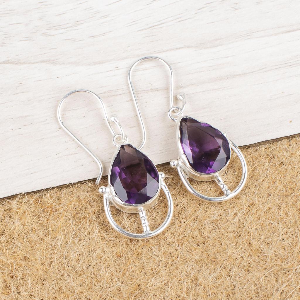 African Amethyst Gemstone 925 Sterling Silver Handcrafted Jewelry Designer Earrings 1.60" For Anniversary Gift EE-47-9