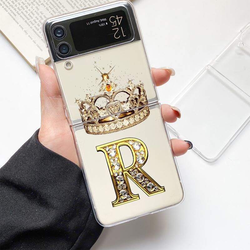 Diamond Crown Letter 26 Letters Phone Case For Samsung Z Flip 3 4 5 6 fold High Hard PC For Galaxy Z Flip 3 5 6 Clear Cover