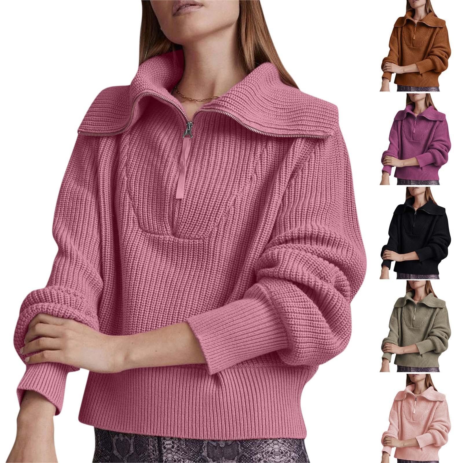 

Женский свободный укороченный однотонный вязаный свитер с длинным рукавом на молнии и широкой шеей