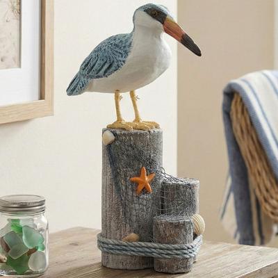 Wooden Seabird Ornaments Ocean Theme Decorative Figurine with Starfish And Hemp Rope Decor Desktop Accent for Home