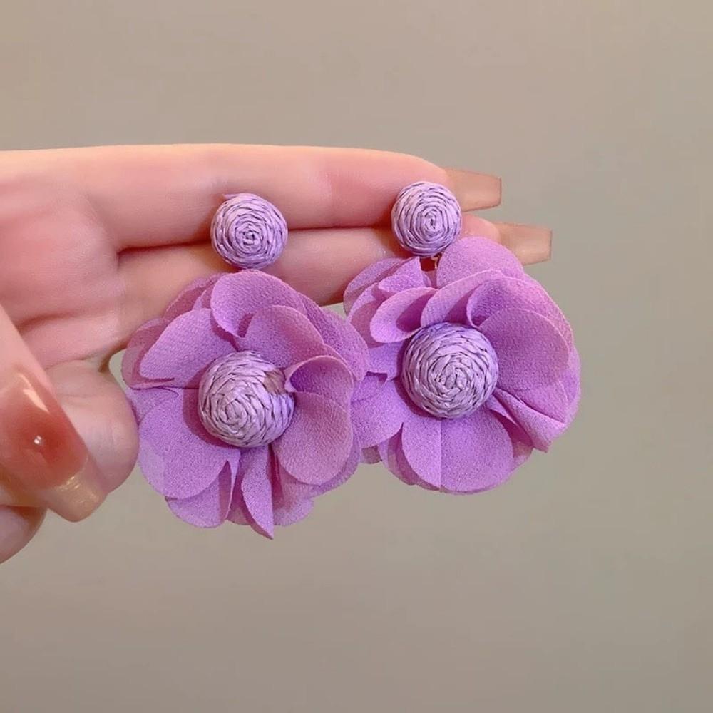 Colorful Long Drop Earrings Boho Style 3D Flower Fabric Earring Beach Party