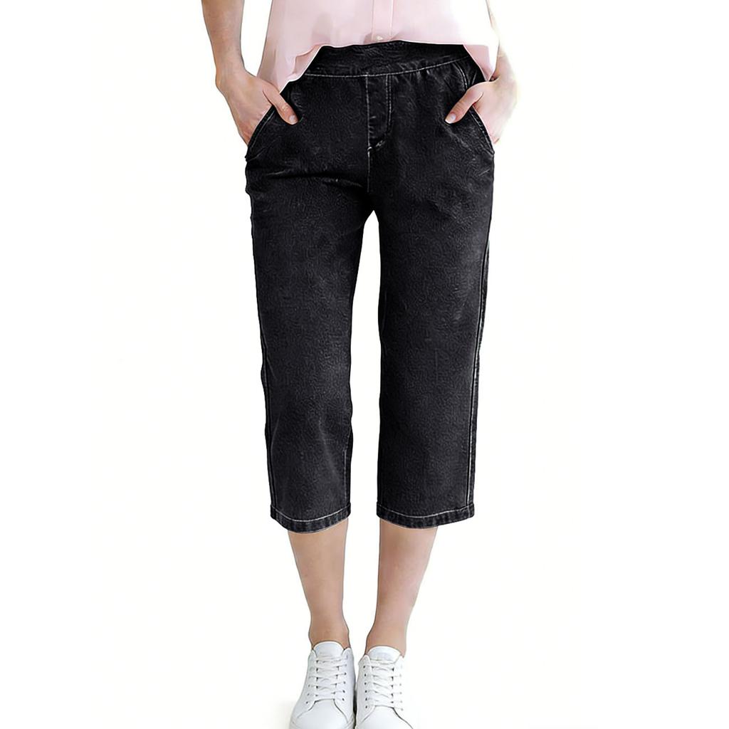 Women’s Mid Rise Elastic Waistband Denim Capris with Pockets Loose Fit Cropped Jeans for Everyday Wear