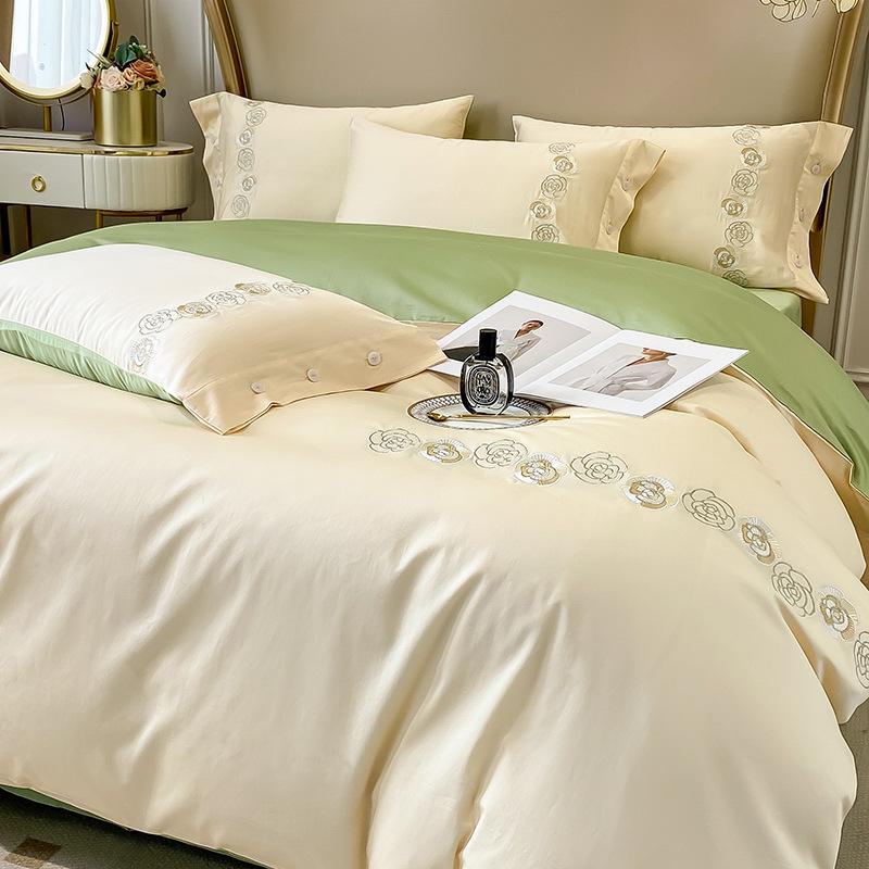 Light Luxury 60-Count Long-Staple Cotton Bedding Set: Solid Color Embroidered 4-Piece (Bed Sheet & Quilt Cover) Pure Cotton.