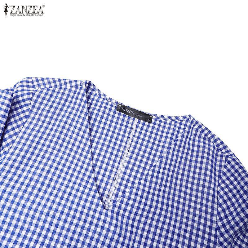 ZANZEA Women Casual V-Neck Short Sleeve Loose Grid Print Dress