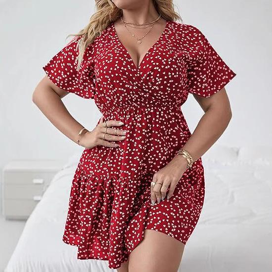 Women's Plus Size V-Neck Ruffle Edge Short Sleeve Wrap Printed Dress